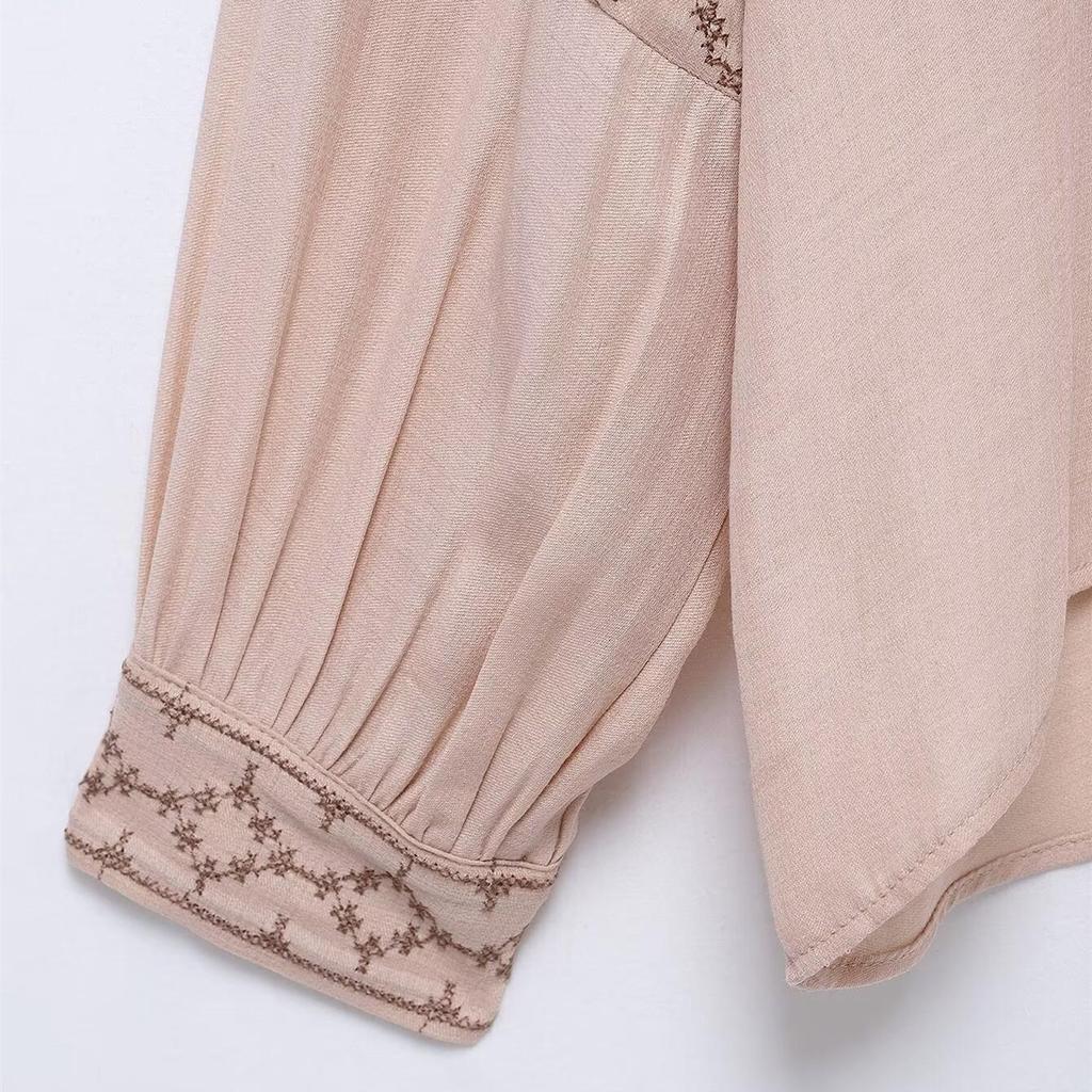 2025 Spring Women's V-Neck Embroidered Casual Shirt with Button Decor