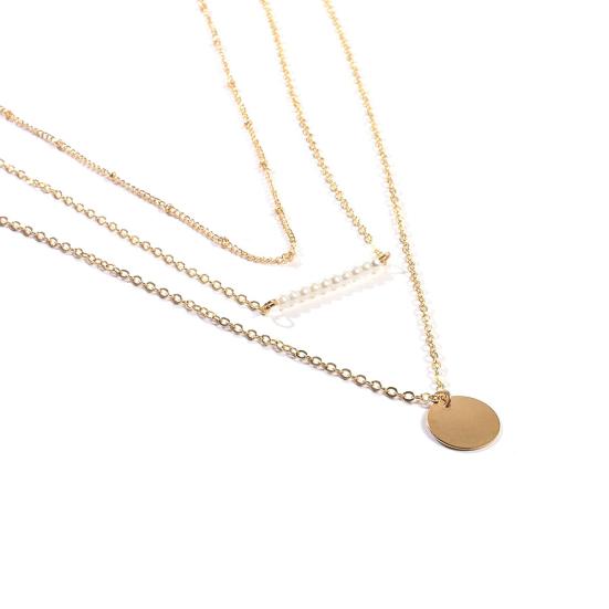 Women's Stylish Faux Pearls Polished Coin Charm Pendant Three Layers Necklace