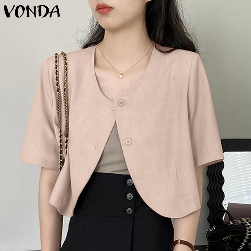 

VONDA женский летний однотонный свободный костюм с круглым вырезом и пуговицами с короткими рукавами и круглым вырезом