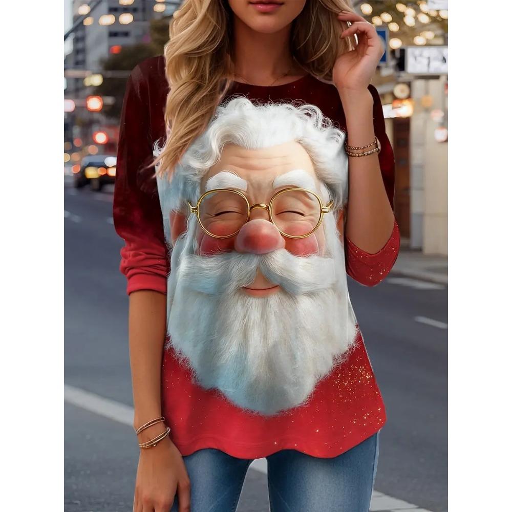 Spring and Autumn Round Neck Santa Claus Pattern 3D Printed Top Fashionable Casual Long Sleeved Women's T-shirts
