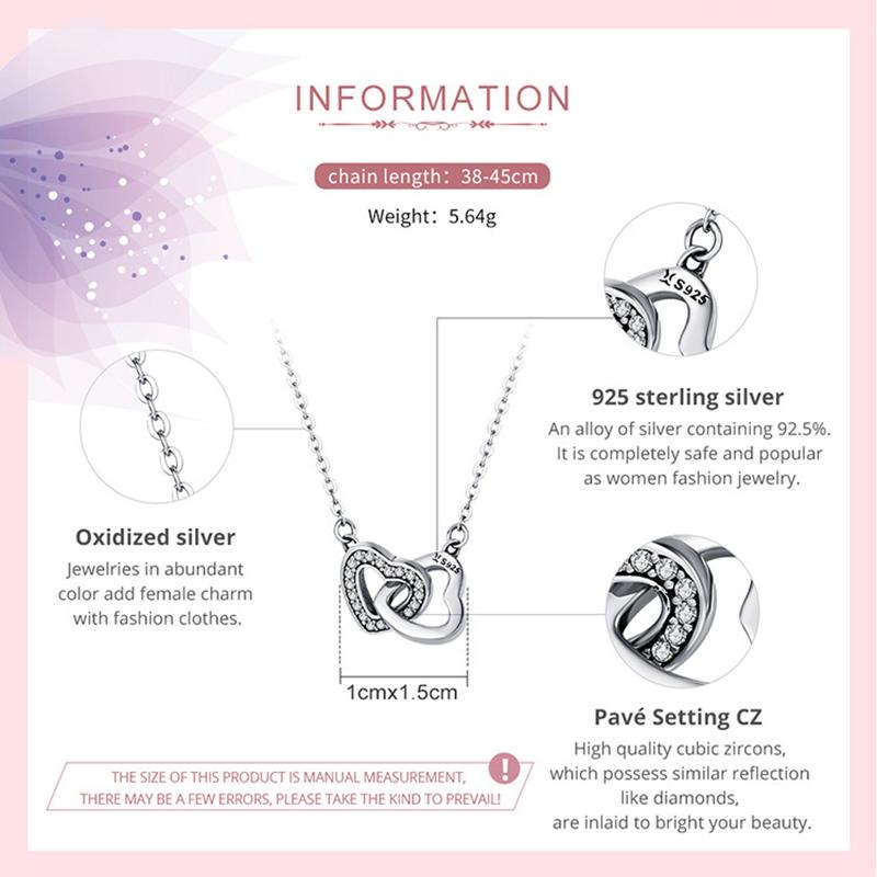 WOSTU 925 Silver Connected Heart Couple Heart Pendant Necklace for Girlfriend Jewelry Valentine Day Gift CQN181