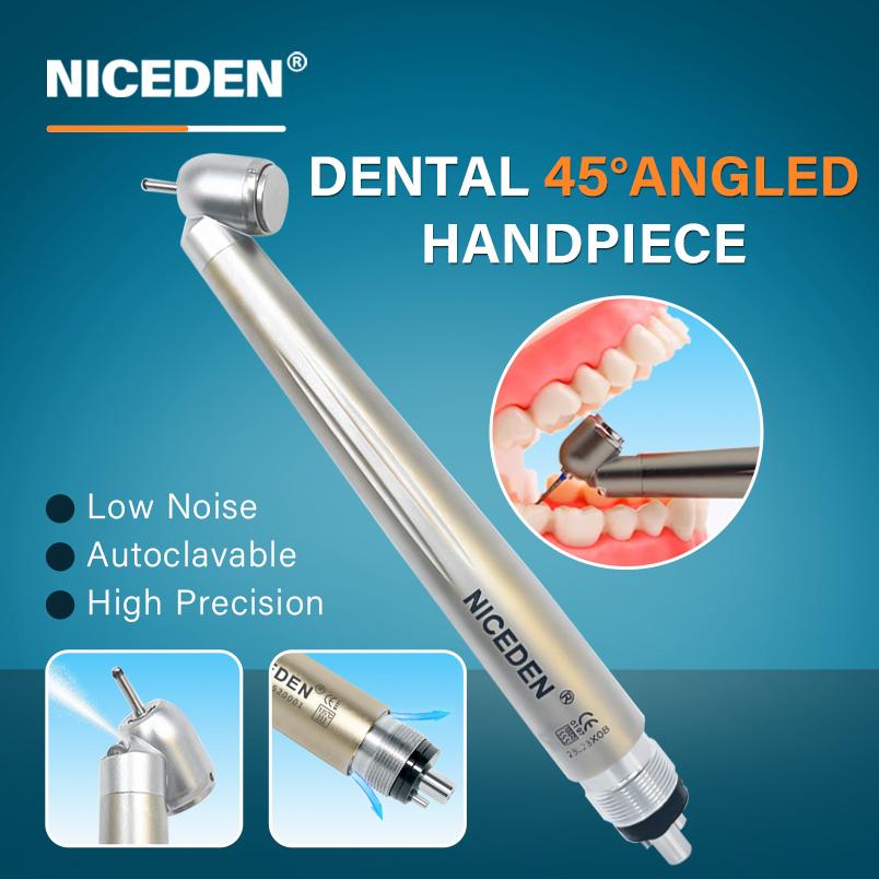 NICEDEN Dental 45 Degree LED High Speed Handpiece E-generator Integrated Small Head Push Button Handpiece Single Water Spray