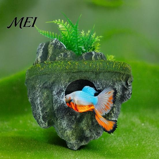 Kampffisch Versteck Schwimmender Stein Aquarium Dekoration, Realistisches Moos Ornament mit Unterwasser Berg Versteck Höhle, Becken Unterschlupf für Guppy