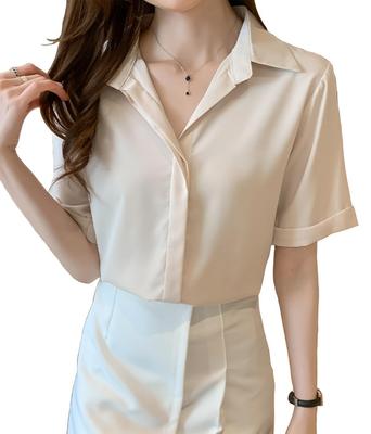 Short Skipper 18201 Black Shirt with 18201 [Lunar Berry] Blouse, Sleeves, Neat, Silky, Shirt, Office, Ladies, (M, Ivory), Collar, Smooth, Slimming,