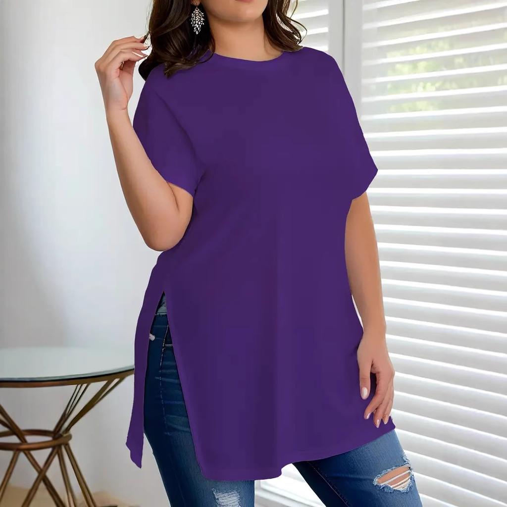 Damtopp för vår och sommar, Damlös i plusstorlek, Slits, Rundhalsad T-shirt