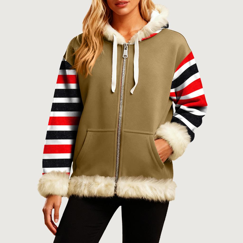 Damen Bequeme Lockere Mode Lässig Gestreifter Druck Langarm Taschen Kapuzenpullover Jacke