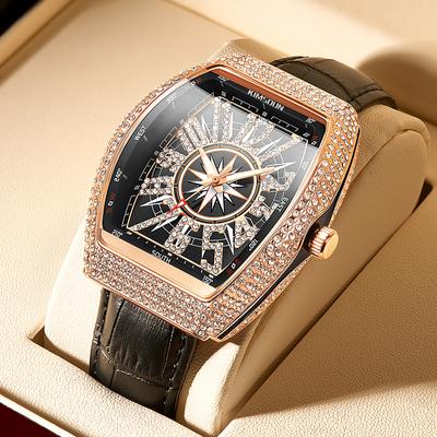 Luxury Watches For Men Hip Hop Iced Out Diamond Tonneau Quartz Wristwatch Fashion Rose Gold Inlay Rhinestone Man Watch Gifts