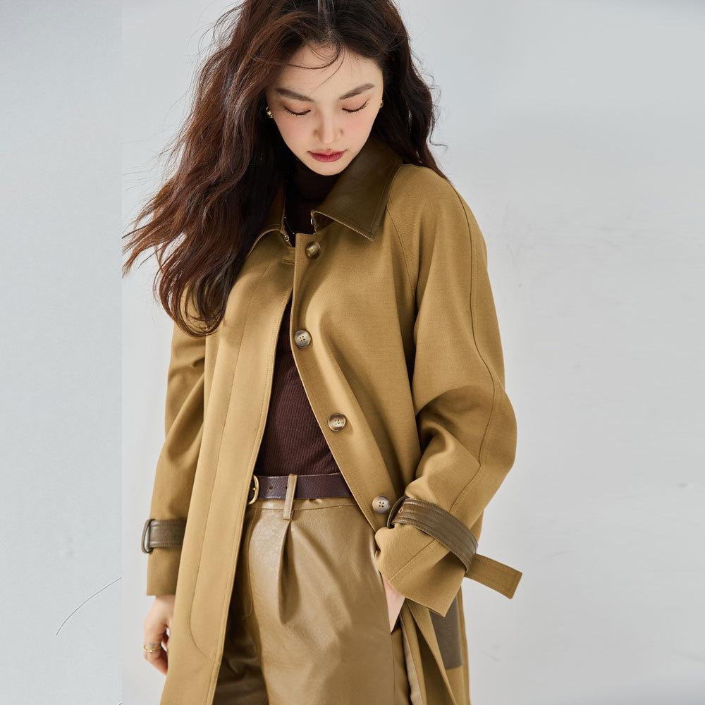 New Splicing Fabric Casual Vertical Fine Imitation Texture Twill Wool Shoulder Sleeves Medium and Long Trench Coat 23027
