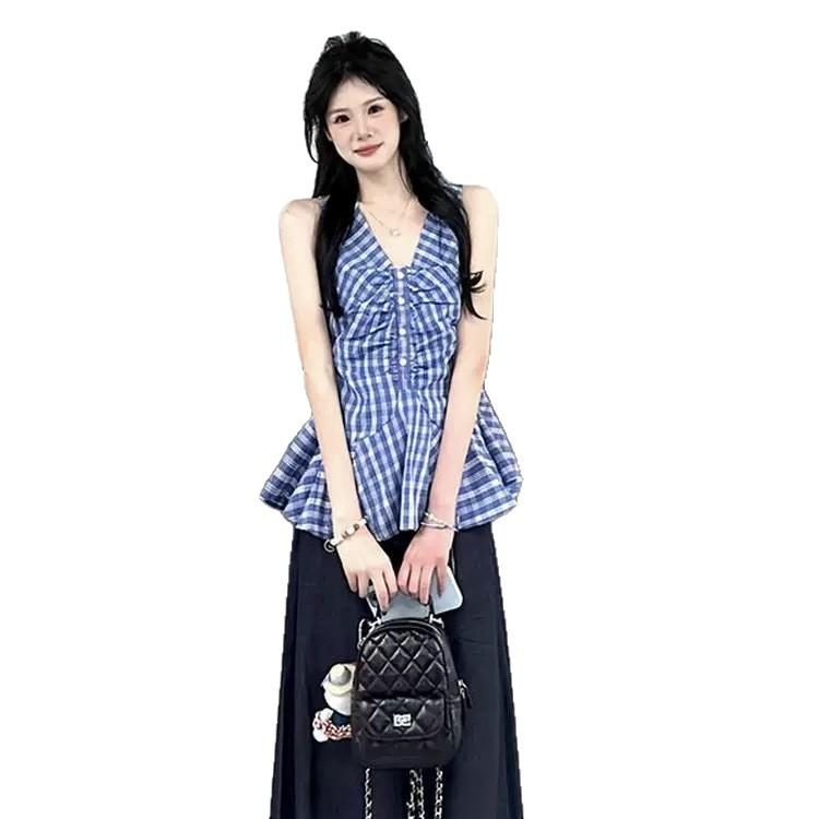 Korean retro blue plaid sleeveless neck sling vest women's summer new waist design niche top