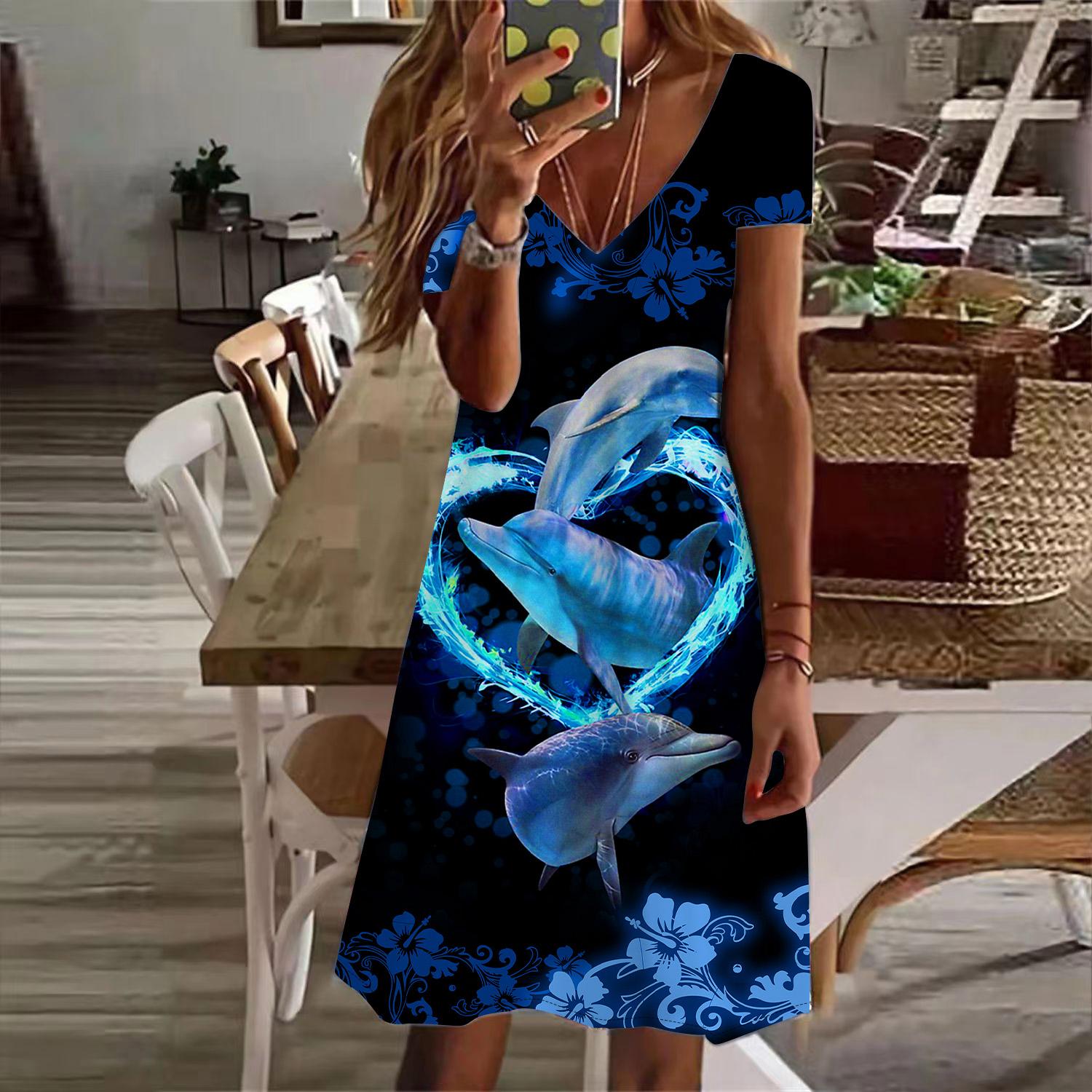 

Летняя мода женские V-образный вырез короткий рукав цветочный принт платье сексуальные короткие юбки платья 8XL синий