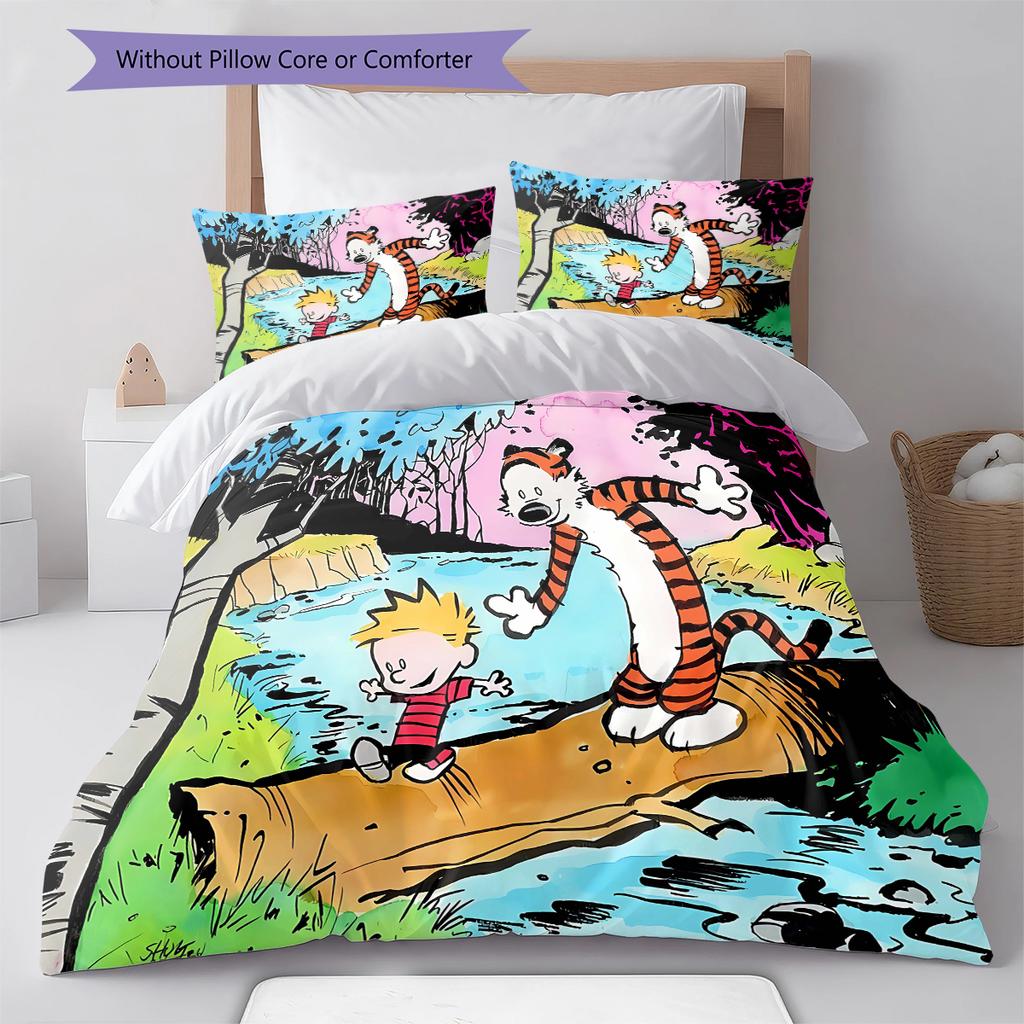 Calvin and Hobbes Pattern Bedding Quilt Set Quilt Cover Pillowcase Home Decoration Gift (1 * Duvet Cover + 2 * Pillowcase, Without Core)