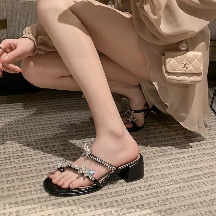 Su Yinyin's same butterfly drag~ Square head butterfly rhinestone buckle cover toe thick high-heeled slippers women's sandals outside