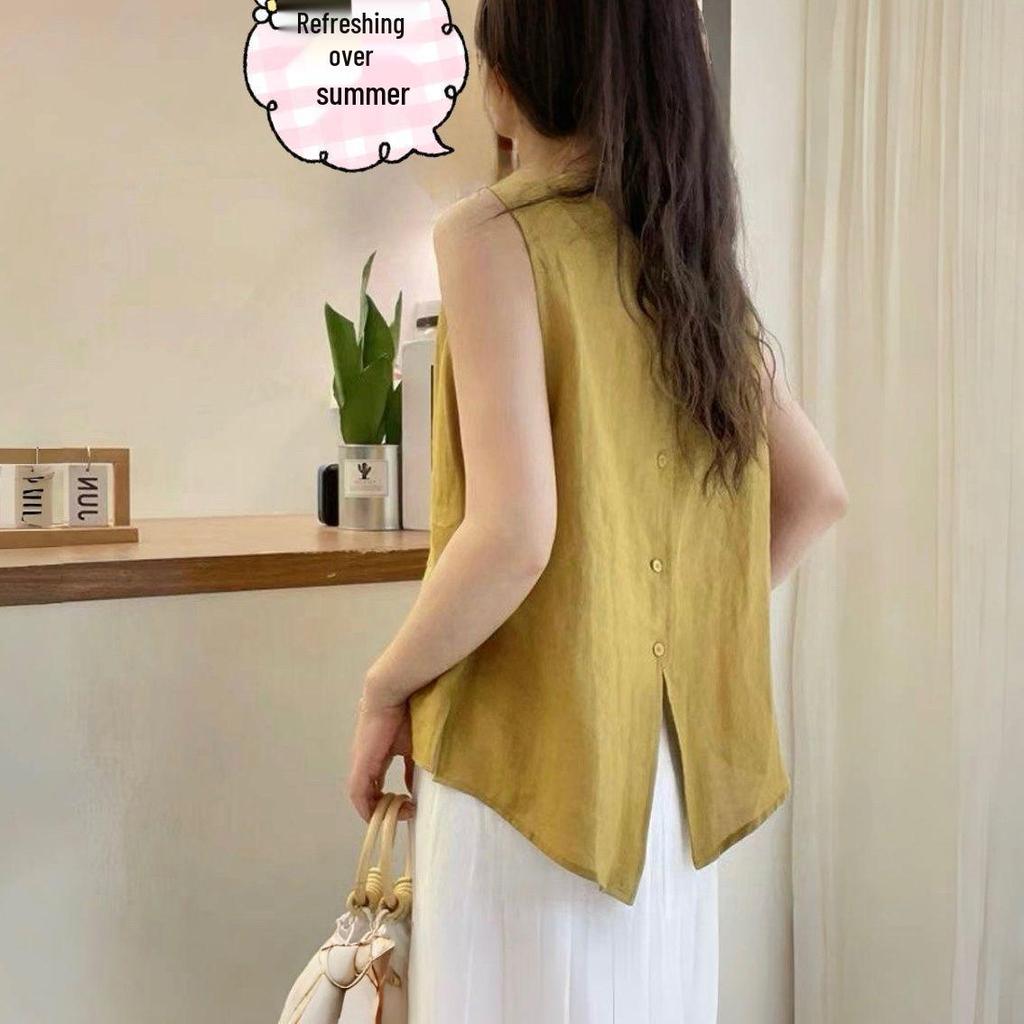 Summer 2026 Women's Slimming Cotton Linen Loose Vest Shirt