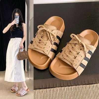 Cool Slippers Women's 2025 New Height Increase Summer Korean Version Versatile Three Boken Lace-up Thick Bottom French Casual Premium