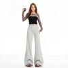 Women's Light Grey Micro-Flare Casual Pants: Mid-Waist, Loose, Elastic, Floor-Length Flared Pants for Autumn 2025