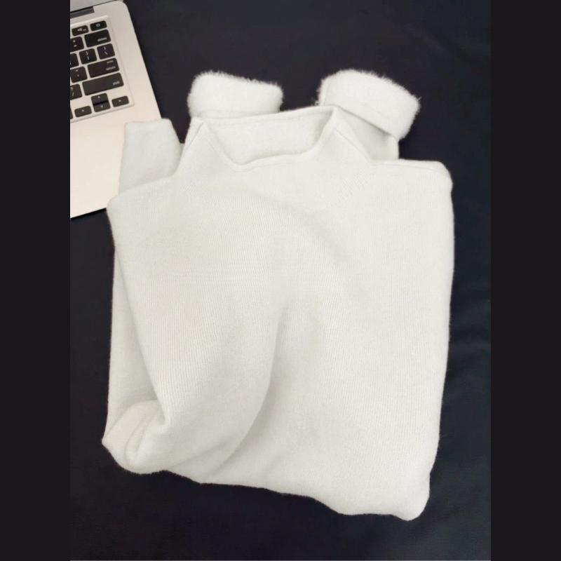 White Knitted Fleece Lined Half High Collar Sweater Women's Fashion Autumn Winter Inner Wear Base Shirt Integrated Fleece Top