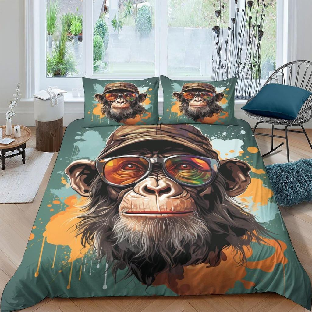 3D Gorilla Bettbezug Kopfhörer Gorilla Bettwäscheset Wildtiermuster Bettdeckenbezug Aquarell Blau Polyester Steppdeckenbezug
