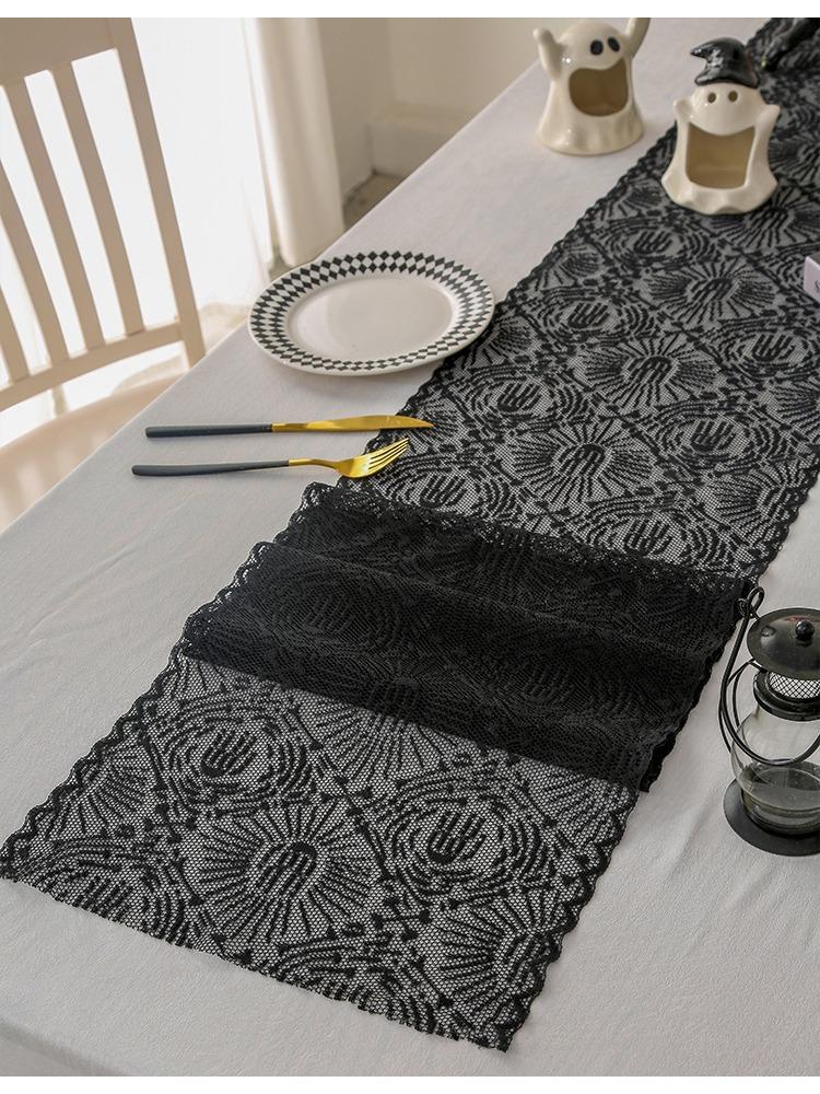 1pc Black Polyester Lace Spider Web Table Runner | American Halloween Party Gift Home Dining Decor, Ghost Festival, Festive Tabletop Accessory