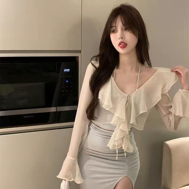 

Super Fairy Chiffon Sun Protection Women s Summer Outer Wear with Suspender Skirt and Small Shawl Blouse 2XL абрикосовий
