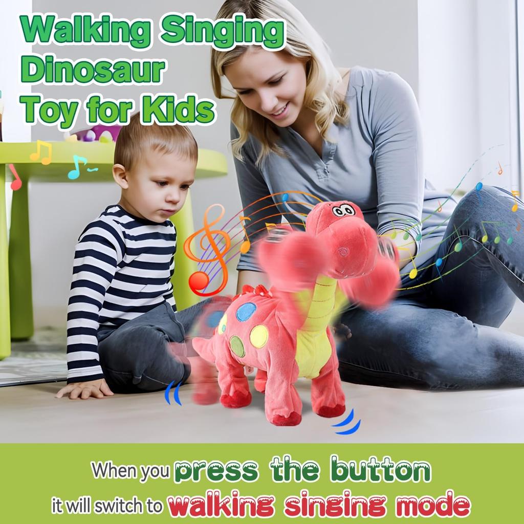 Walking Electric Pink Dinosaur Singing Toy , Noding, Roaring, Repeating What You Say, Touch & Button Control Realistic Robot Musical Animated Plush