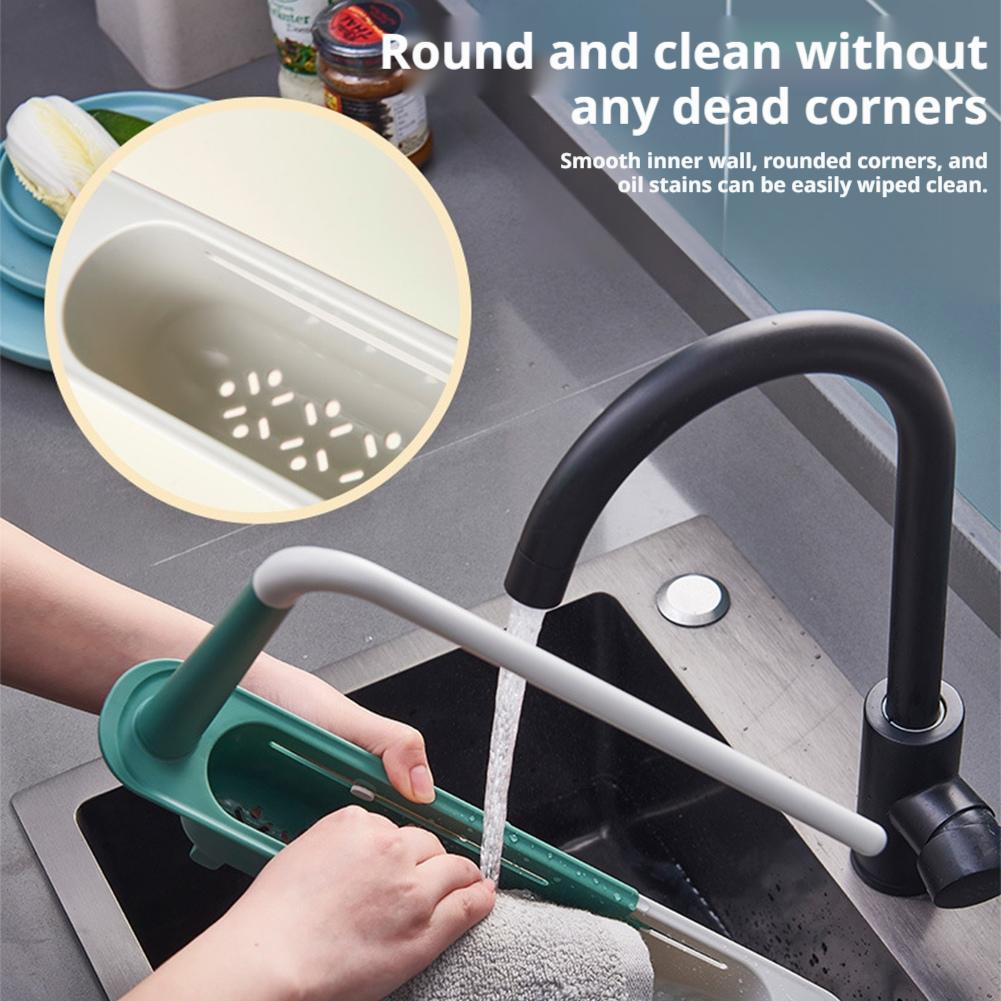 Multifunctional Telescopic Sink Caddy Drainable Kitchen Organizer with Towel Bar Expandable Sponge Soap Brush Holder