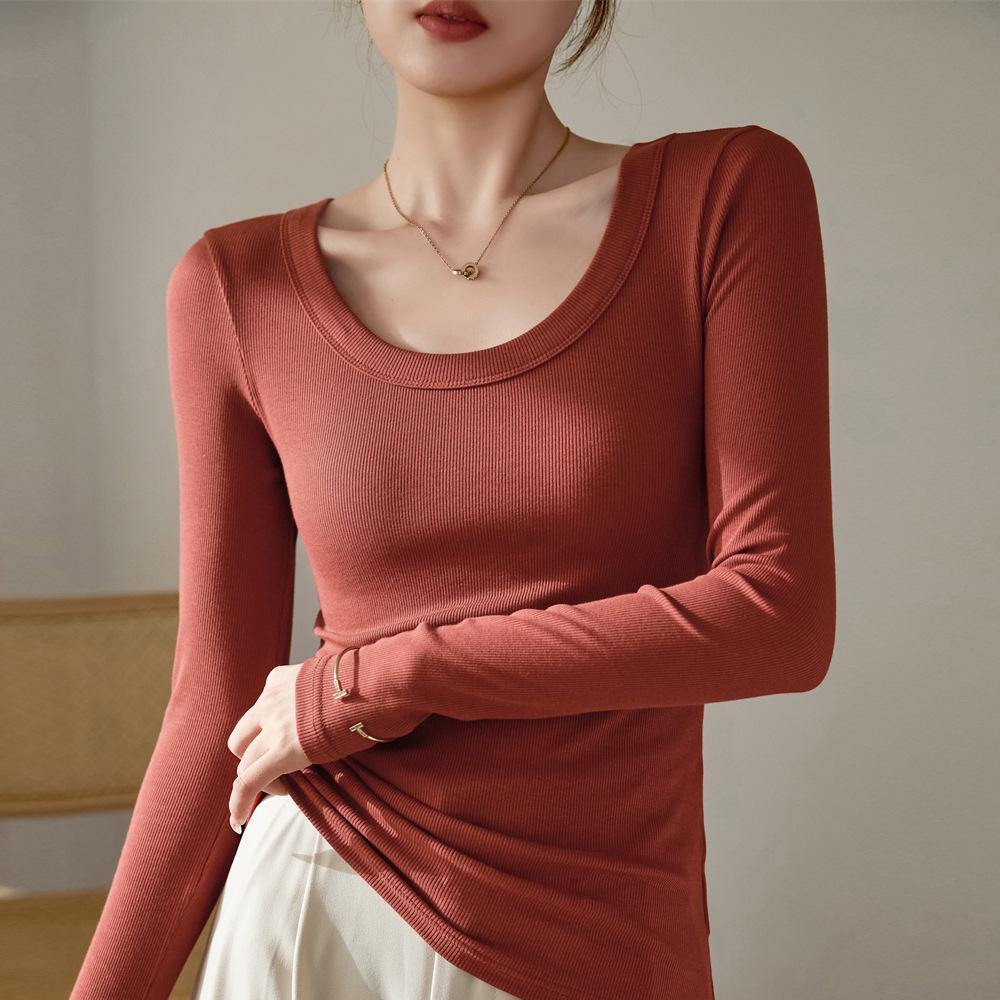 Cotton U-neck T-shirt Women's Long Sleeve Autumn New Loose Slim Senior Sense T-shirt Top Base