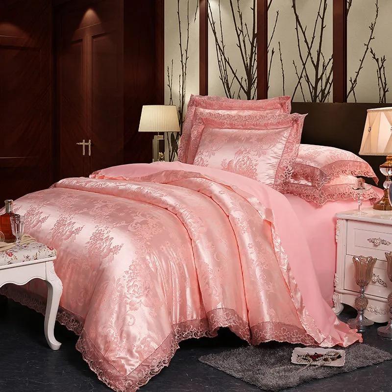 Luxe Jacquard Beddengoed Set Katoen Dekbedovertrek Kant Satijn Hoeslaken Kussenslopen King en Queen Maat Sprei Hometextiel 4-delig Queen Size 4pcs