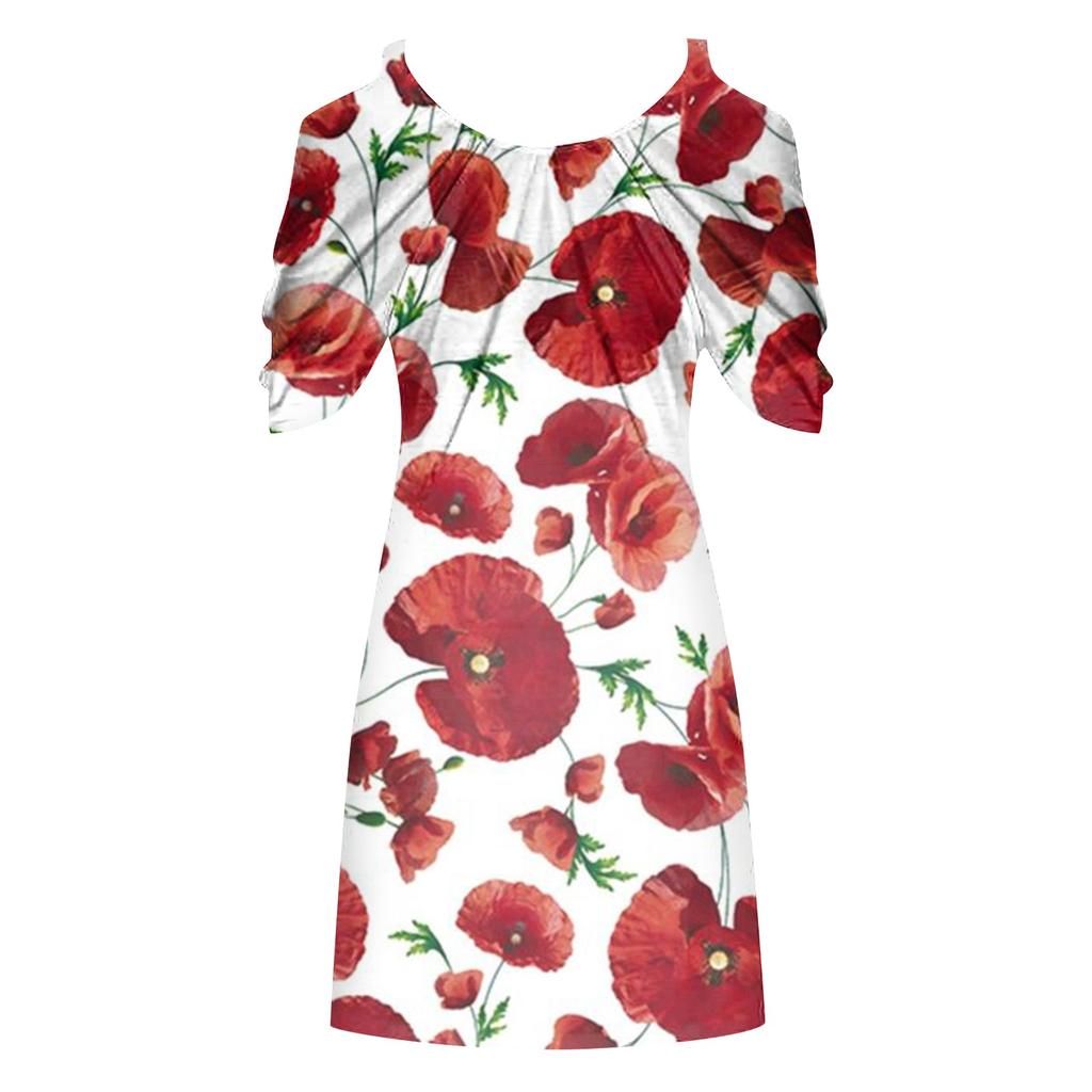 Women's Elegant And Sexy Two-Shoulder Cut-Out Flower Print Short-Sleeved Beach Dress