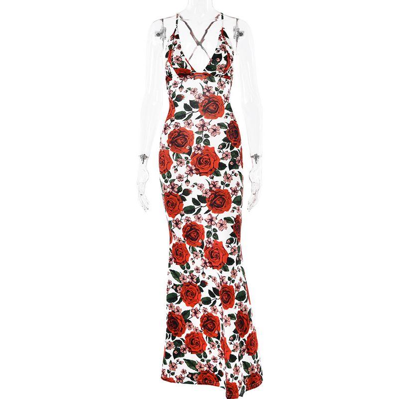 

European and American V-neck Low Cut Rose Fashion Print Seaside Vacation Floral Skirt Sling Long dress Sexy Backless Dress Red L