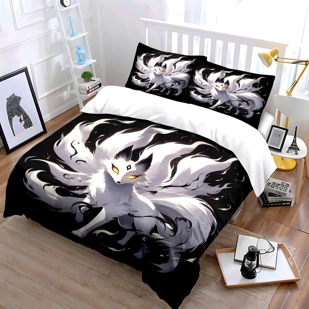 Mystical White Fox with Fiery Glow Print Soft Comfortable Duvet Cover Bedding Set Included 1*Duvet Cover 2*Pillowcases