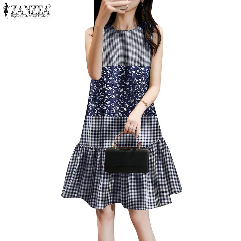 ZANZEA Women Floral Print Patchwork Summer Sleeveless Plaid Dress