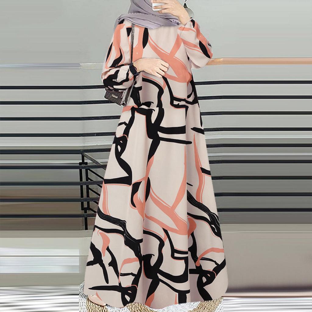 Cross-Border 2025 Long Sleeve Printed Middle Eastern Muslim Malay Dress - Long Robe, Round Neck