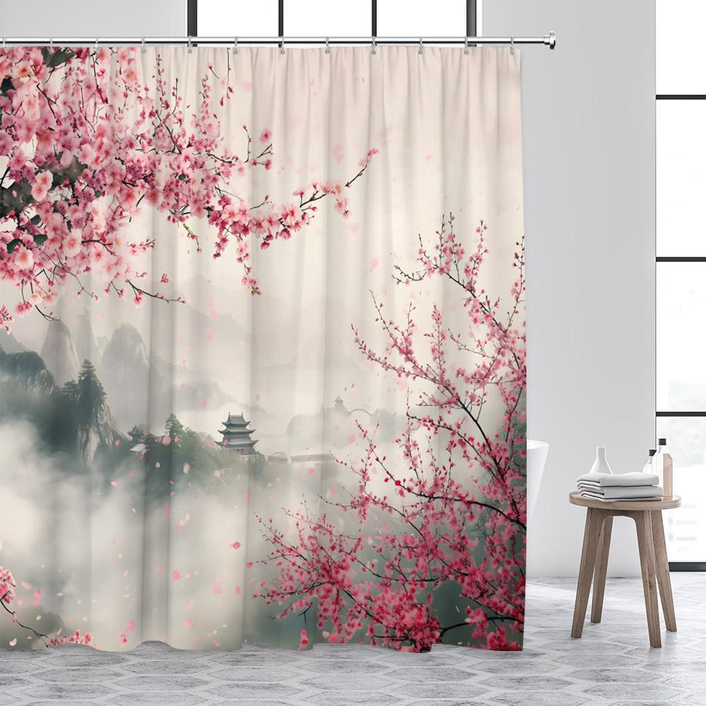 Japanese Landscape Shower Curtains Abstract Mountain Pink Cherry Blossom Floral Bird Pavilion Asian Art Bathroom Curtain Decor