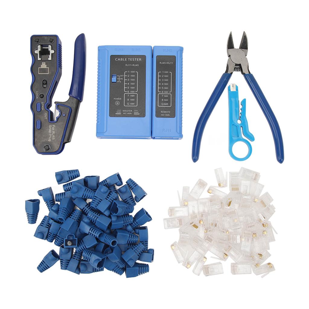 RJ45 Crimp Tool Pass Through Crimper with RJ45 Cat6 Crystal Head and Protective Cover Cable Tester