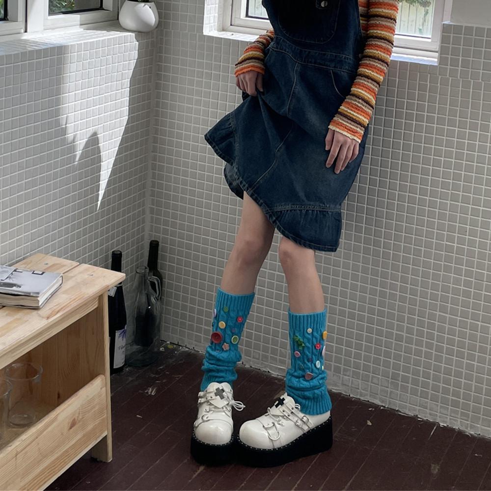 Y2K Czysta, ręcznie robiona przypinka na guziki Wielobarwne legginsy Ocieplacze Skarpety ułożone Skarpetki dziewczęce do połowy łydki Pończochy
