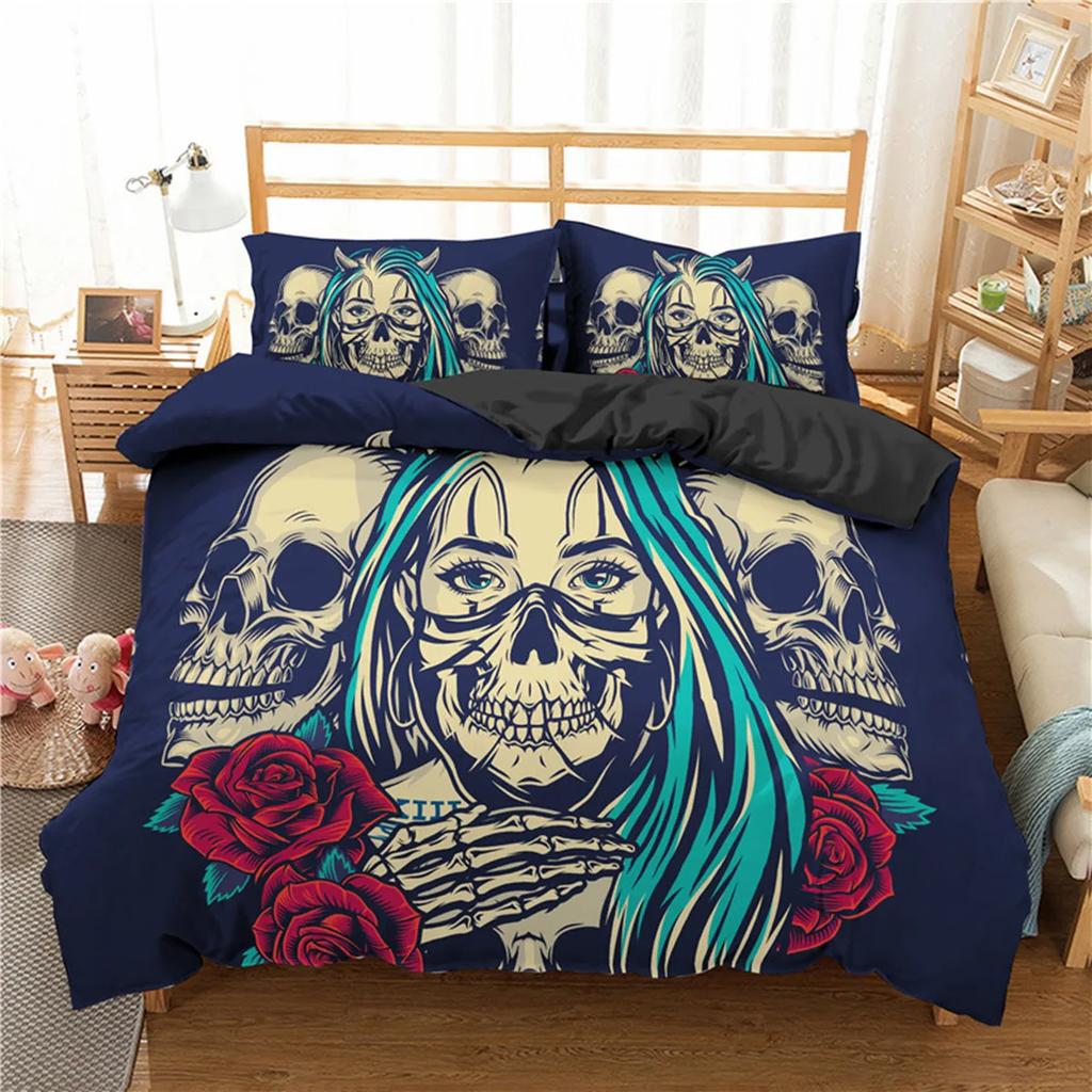 Skull Floral Skull Duvet Cover Full Size Gothic Skull Rose Bones Skeleton For Kids Women Men Red Black For Bedroom Decorations