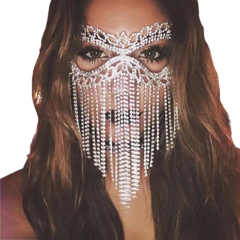 Tassel Veil Mask for Rhinestone Mask Chain Masquerade Face Mask for Creative Crystal Cats Eye Fringe Mask with Elasti