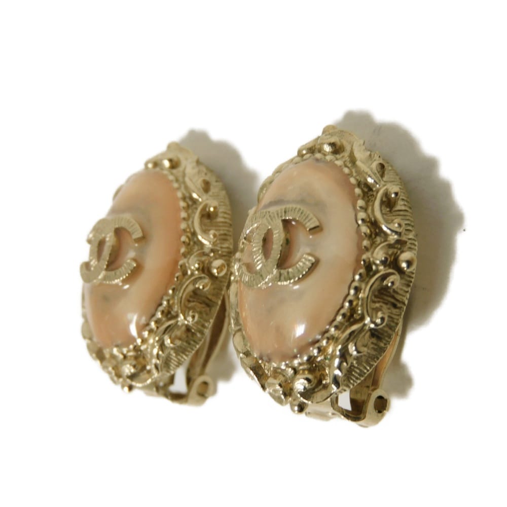 Used 10097 COCO Mark Gripoa 7982 B13C Champagne Gold Clip-on CC Mark Colored Stone Clear Pink Beige Women's from Japan