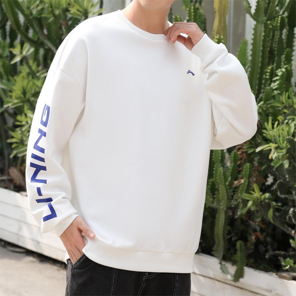 Li-Ning Lining Brand Logo Couples Casual Sport Pullover Long Sleeve Fleece Sweatshirt Unisex Tops White YWDT533-1