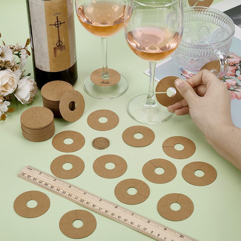 FINGERINSPIRE 200 Pcs Paper Drink Name Tags for Wine Glasses 2inch Round Tan/White Color Wine Glass Marker Blank Wine Glass Charm Cocktail Champagne