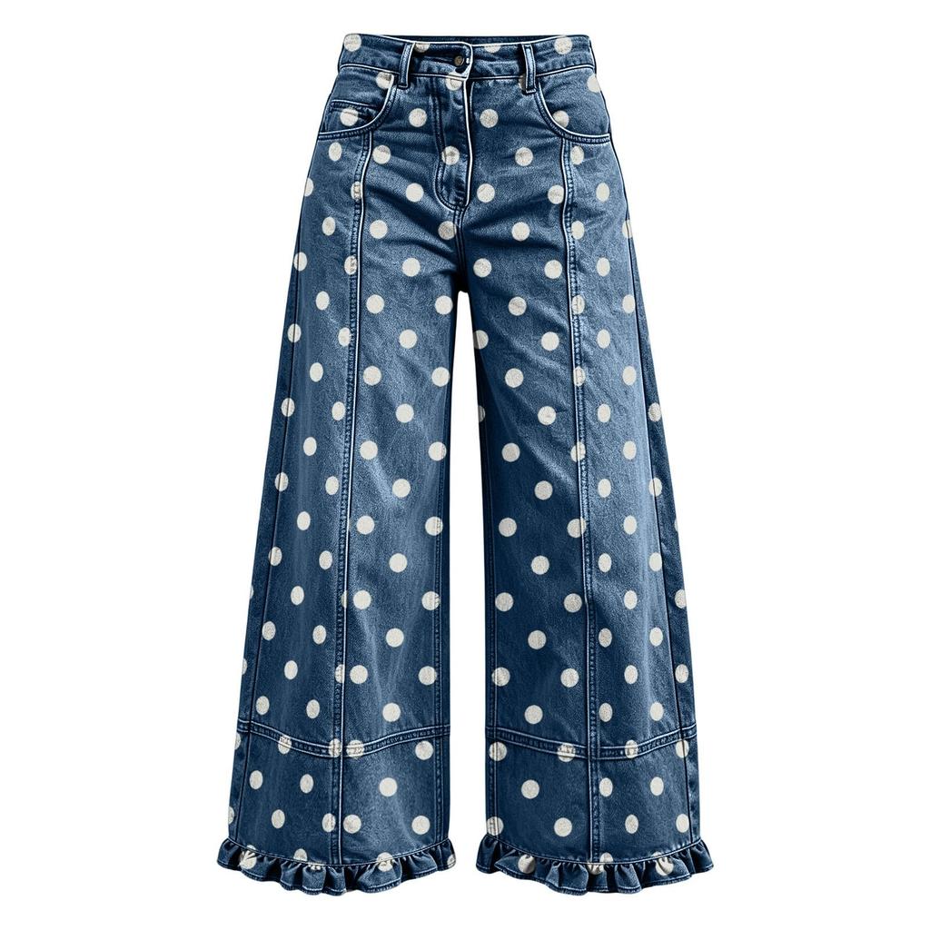 Women's Loose Fit Wide Leg Jeans Polka Dot Patchwork Distressed Denim