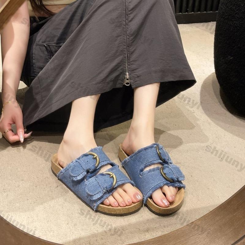 Fashion New Summer 2025 Open Toed Fringe Flat Shoes Comfortable Women Outdoor Belt Buckle Canvas Sandals Platform One Word Slippers