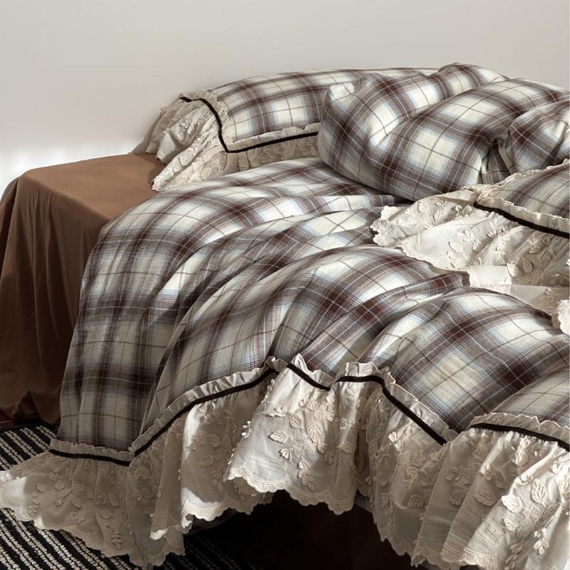 Lilang Cotton Plaid Lace Edge Double-Layer Gauze Bed Sheet