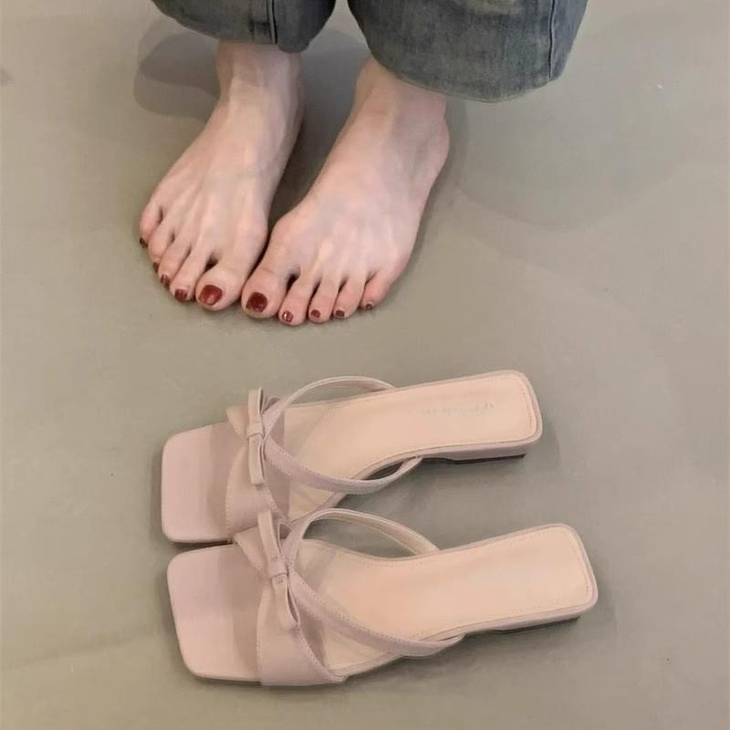 

Fashion Women s Low-heeled Sandals Fashion Square Head Open-toed Hollowed Fabric Butterfly Knot Non-slip Square Heels 40 розовый