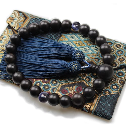 Eizen Nenjuya Men's Ebony Prayer Beads with Blue Tiger's Eye [Nishijin-ori Prayer Beads Bag Included] Suitable for All Buddhist Sects. Handmade Men's