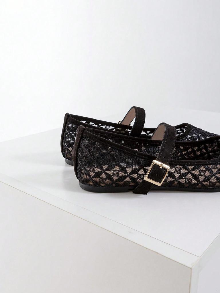 Women's Black Square Toe Ballet Mary Jane Flats with Cross Pattern Embroidery Detail and Black Buckle Strap