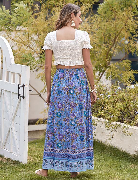 Women's 2025 Bohemian Floral Print Pleated Maxi Dress with Elastic High Waist