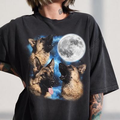 Three German Shepherd Howling Moon Shirt, Retro Dog Graphic Tee, 90s Animal Lover Gift