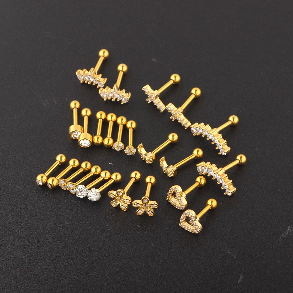 Stainless Steel Zirconia Threaded Ear Studs and Stainless Steel Piercing Ear Bone Pins Set