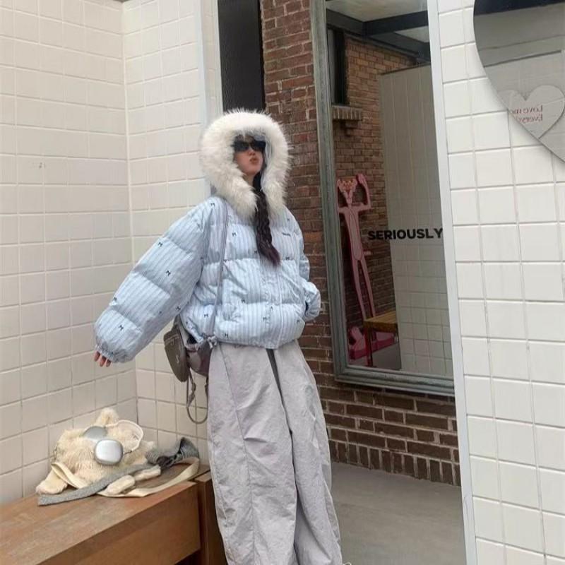 Womens Winter Puffer Coat With Hood Striped Bow Detail Faux Fur Trim Warm Thick Cotton Jacket